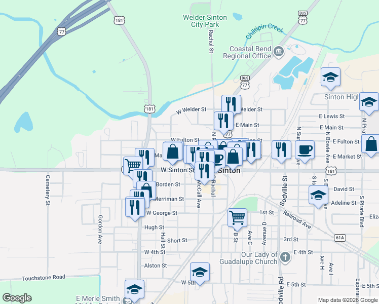 map of restaurants, bars, coffee shops, grocery stores, and more near 208 West Market Street in Sinton