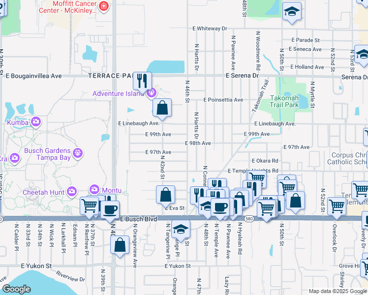 map of restaurants, bars, coffee shops, grocery stores, and more near 9706 North 46th Street in Tampa