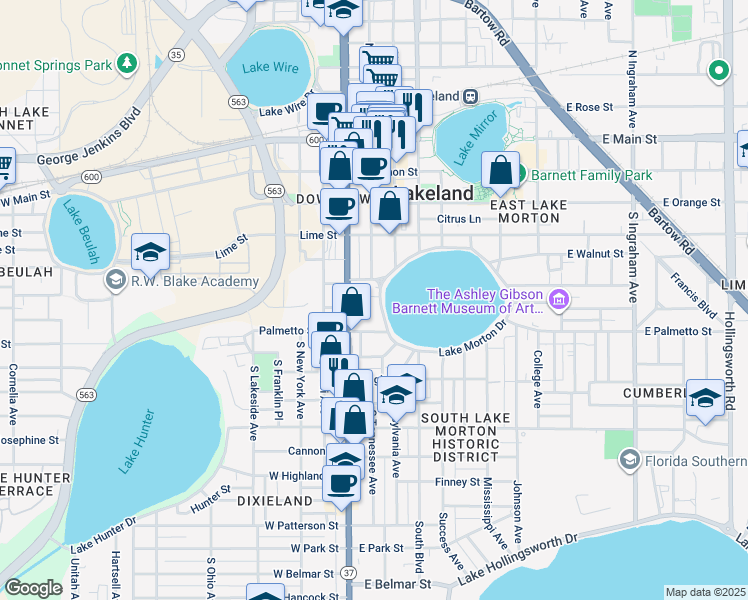 map of restaurants, bars, coffee shops, grocery stores, and more near 200 Lake Morton Drive in Lakeland