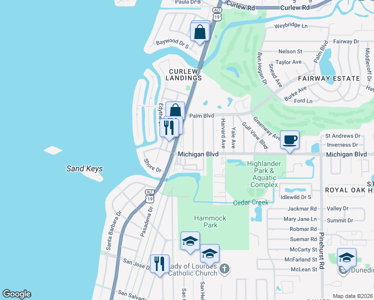 map of restaurants, bars, coffee shops, grocery stores, and more near 2003 McMullen Avenue in Dunedin