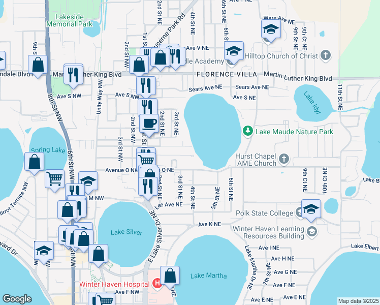 map of restaurants, bars, coffee shops, grocery stores, and more near 353 Avenue P Northeast in Winter Haven