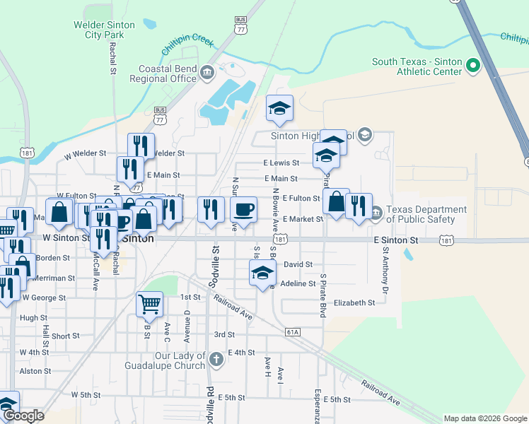 map of restaurants, bars, coffee shops, grocery stores, and more near 813 E Market St in Sinton