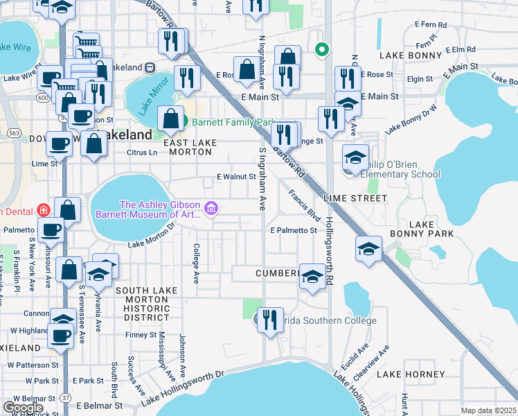 map of restaurants, bars, coffee shops, grocery stores, and more near 613 1/2 South Ingraham Avenue in Lakeland