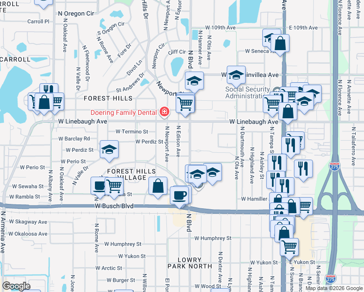 map of restaurants, bars, coffee shops, grocery stores, and more near 9611 North Edison Avenue in Tampa
