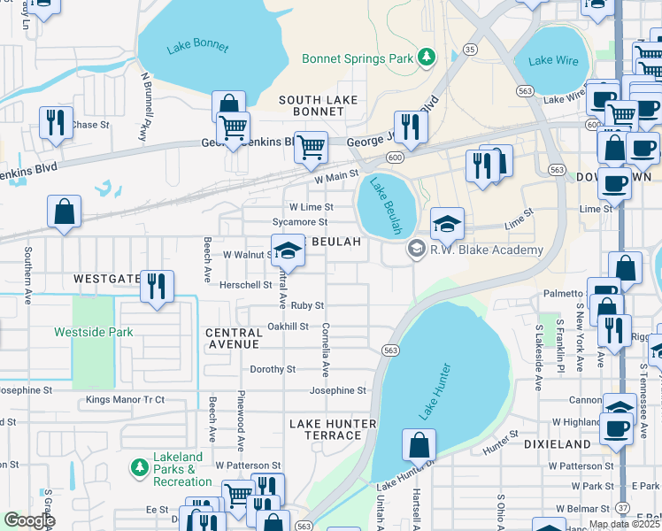 map of restaurants, bars, coffee shops, grocery stores, and more near 1038 West Walnut Street in Lakeland