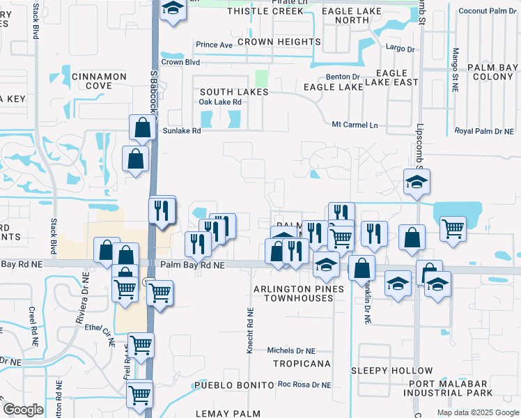 map of restaurants, bars, coffee shops, grocery stores, and more near 2812 Pinewood Drive Northeast in Palm Bay