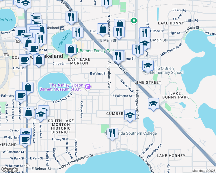 map of restaurants, bars, coffee shops, grocery stores, and more near 613 1/2 South Ingraham Avenue in Lakeland