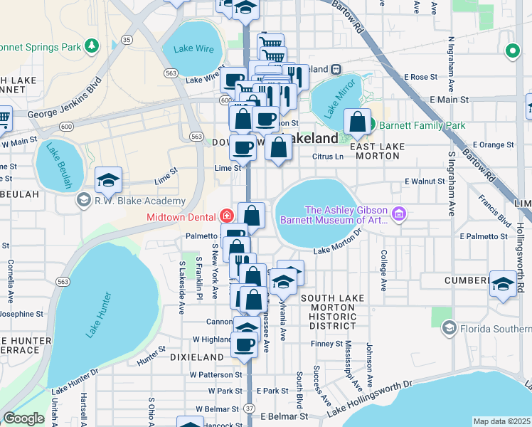 map of restaurants, bars, coffee shops, grocery stores, and more near 200 Lake Morton Drive in Lakeland