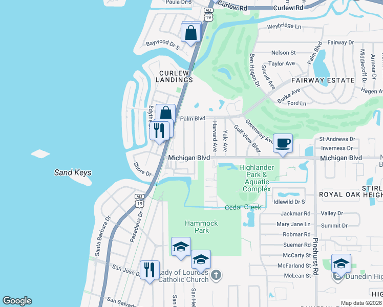 map of restaurants, bars, coffee shops, grocery stores, and more near 628 Michigan Boulevard in Dunedin