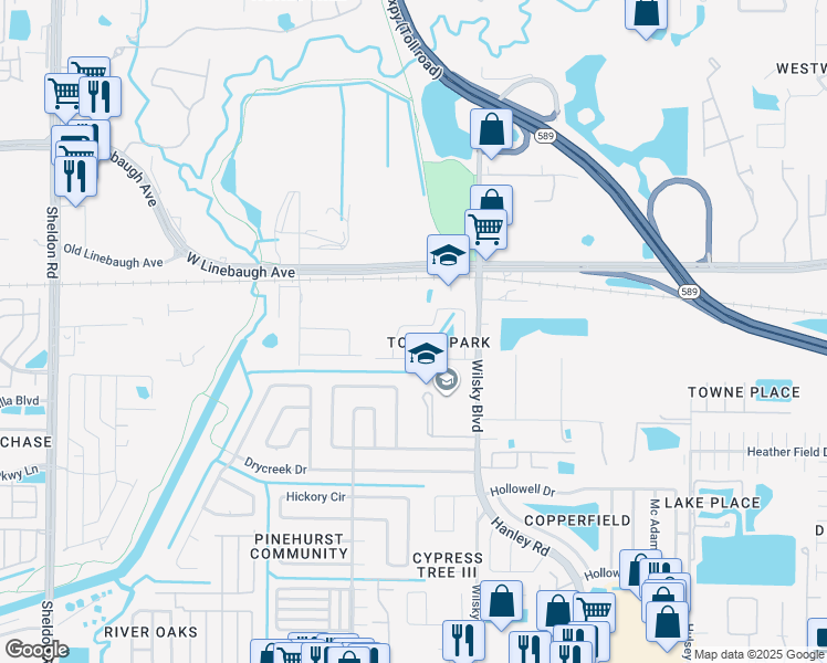 map of restaurants, bars, coffee shops, grocery stores, and more near 9728 Long Meadow Drive in Tampa