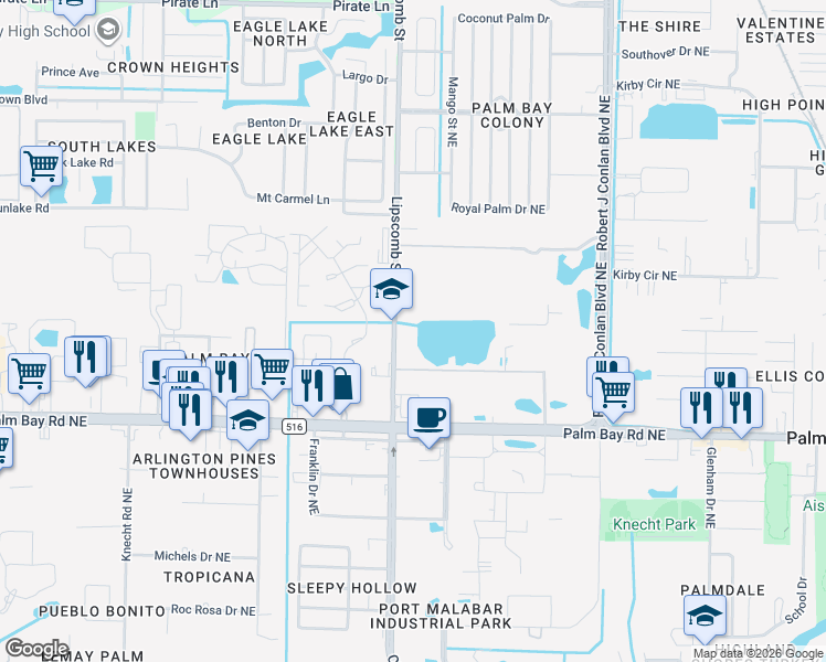 map of restaurants, bars, coffee shops, grocery stores, and more near 4619-4677 Lipscomb Street in Palm Bay