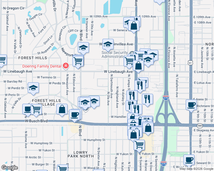 map of restaurants, bars, coffee shops, grocery stores, and more near 9601 Hidden Oaks Circle in Tampa
