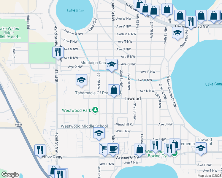 map of restaurants, bars, coffee shops, grocery stores, and more near 1333 34th Street Northwest in Winter Haven