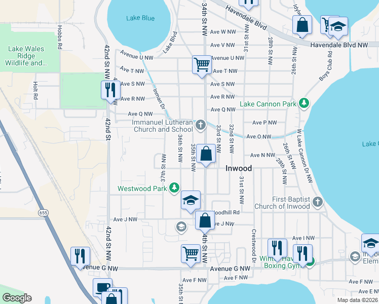 map of restaurants, bars, coffee shops, grocery stores, and more near 1381 35th Street Northwest in Winter Haven