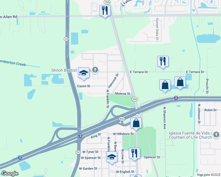 map of restaurants, bars, coffee shops, grocery stores, and more near 2606 Hancock Street in Plant City