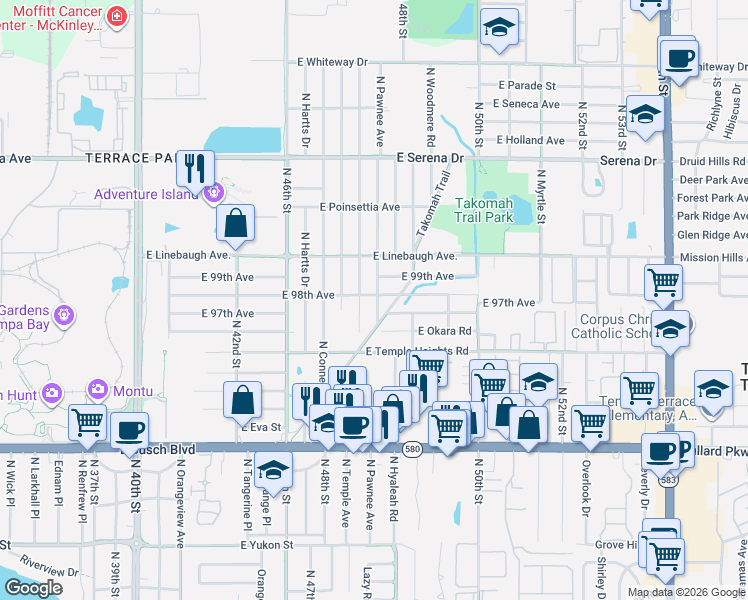 map of restaurants, bars, coffee shops, grocery stores, and more near 9706 Takomah Trail in Tampa