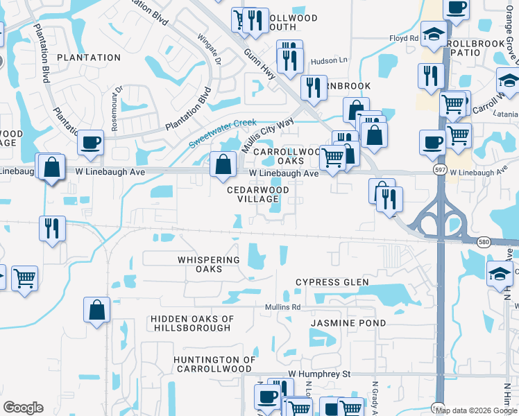 map of restaurants, bars, coffee shops, grocery stores, and more near 4401 Rockcrest Circle in Tampa