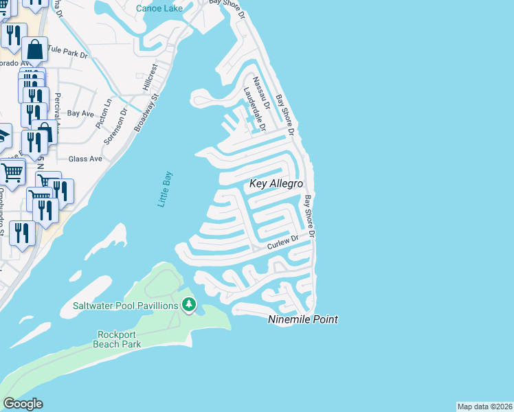 map of restaurants, bars, coffee shops, grocery stores, and more near 24 Luau Ln in Rockport