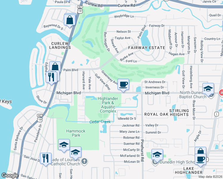map of restaurants, bars, coffee shops, grocery stores, and more near 985 Gulf View Boulevard in Dunedin