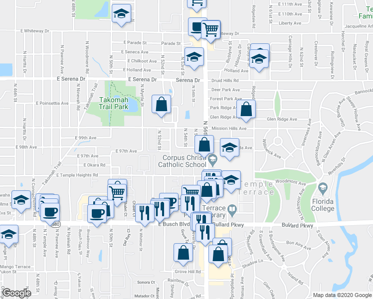 map of restaurants, bars, coffee shops, grocery stores, and more near 9718 Beverly Drive in Tampa