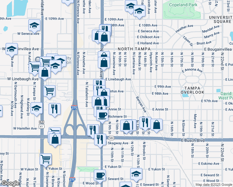 map of restaurants, bars, coffee shops, grocery stores, and more near 9632 North 10th Street in Tampa