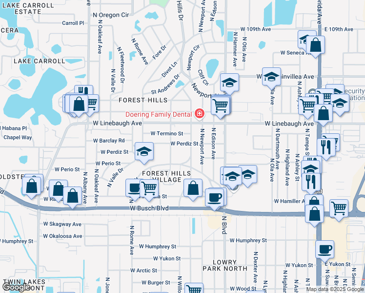 map of restaurants, bars, coffee shops, grocery stores, and more near 1308 West Perdiz Street in Tampa