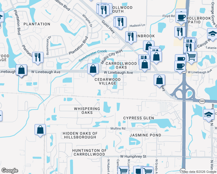 map of restaurants, bars, coffee shops, grocery stores, and more near 4401 Rockcrest Circle in Tampa