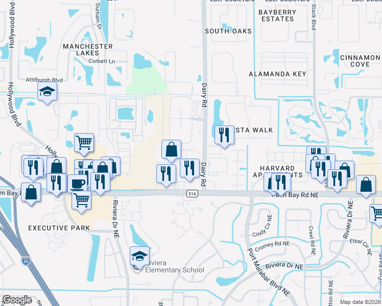 map of restaurants, bars, coffee shops, grocery stores, and more near 1015 Venetian Drive in Melbourne