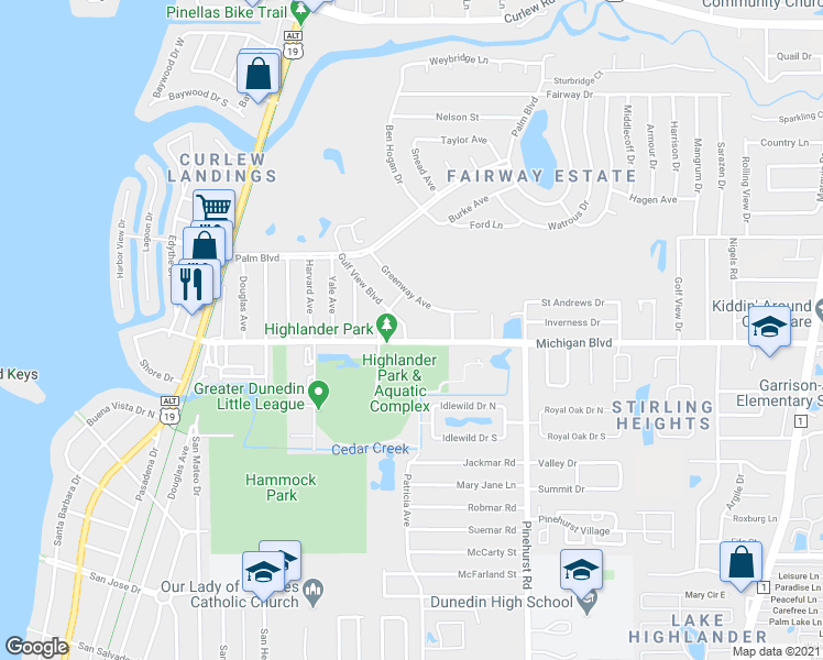 map of restaurants, bars, coffee shops, grocery stores, and more near 985 Gulf View Boulevard in Dunedin
