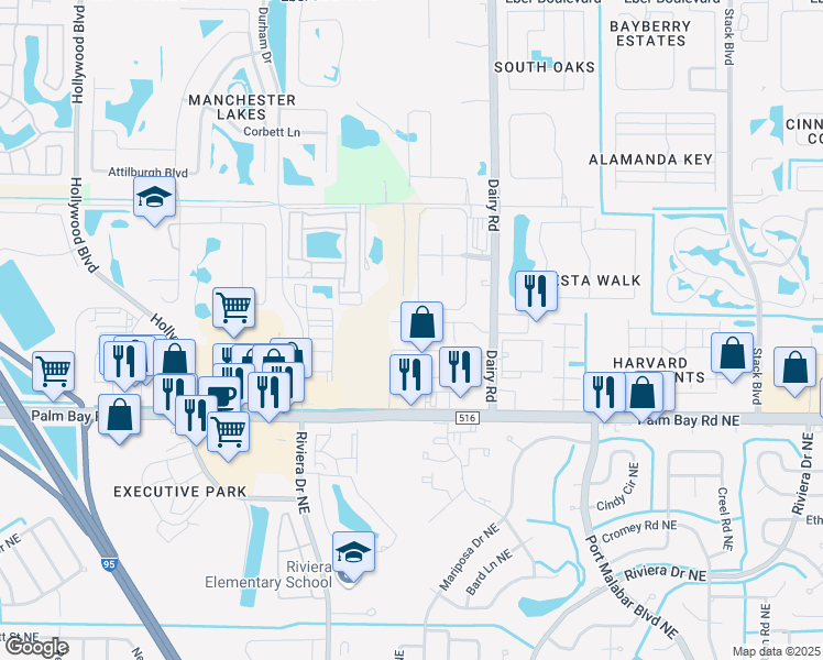 map of restaurants, bars, coffee shops, grocery stores, and more near 1055 Venetian Drive in West Melbourne