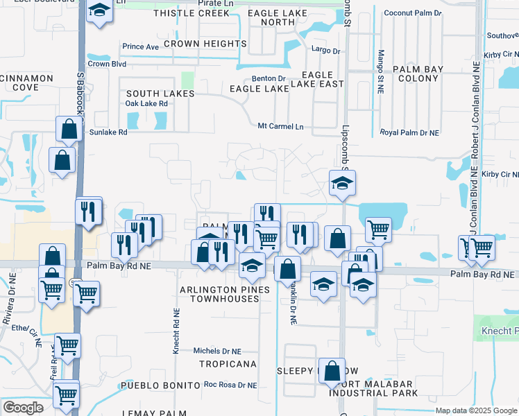 map of restaurants, bars, coffee shops, grocery stores, and more near 2115 Manor Drive Northeast in Palm Bay