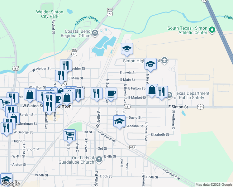 map of restaurants, bars, coffee shops, grocery stores, and more near 813 East Market Street in Sinton