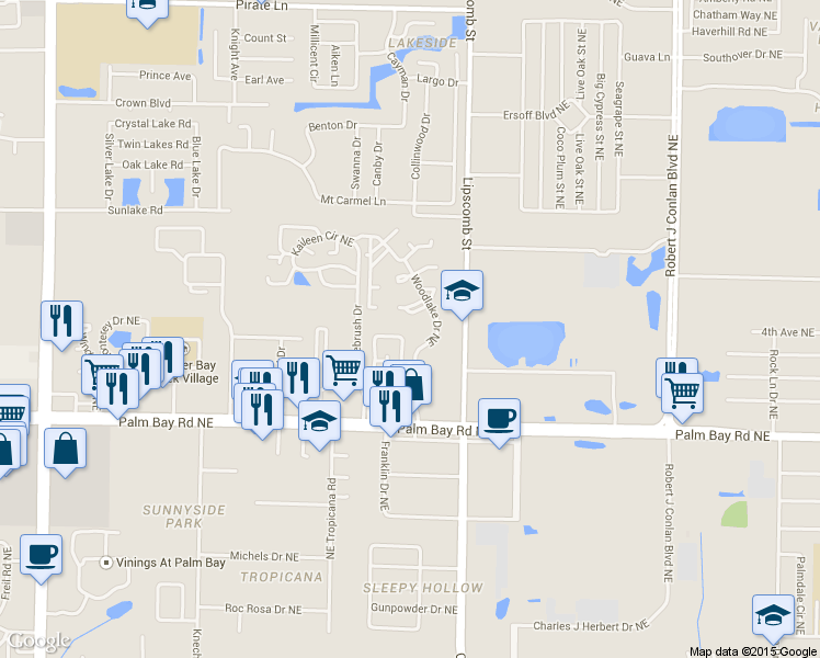 map of restaurants, bars, coffee shops, grocery stores, and more near 2915 Vista Oaks Circle Northeast in Palm Bay