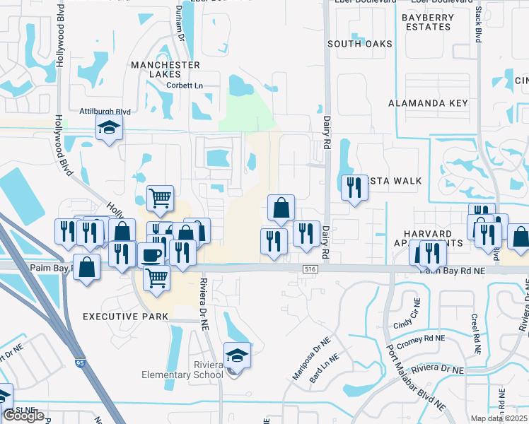 map of restaurants, bars, coffee shops, grocery stores, and more near 1065 Venetian Drive in Melbourne