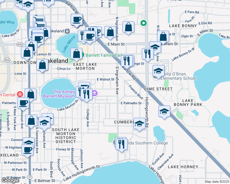 map of restaurants, bars, coffee shops, grocery stores, and more near 613 1/2 South Ingraham Avenue in Lakeland