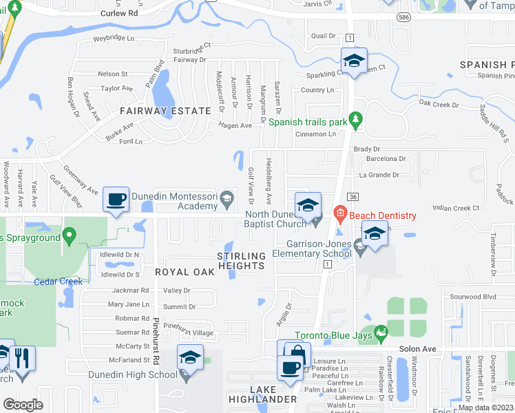 map of restaurants, bars, coffee shops, grocery stores, and more near 1410 Michigan Boulevard in Dunedin