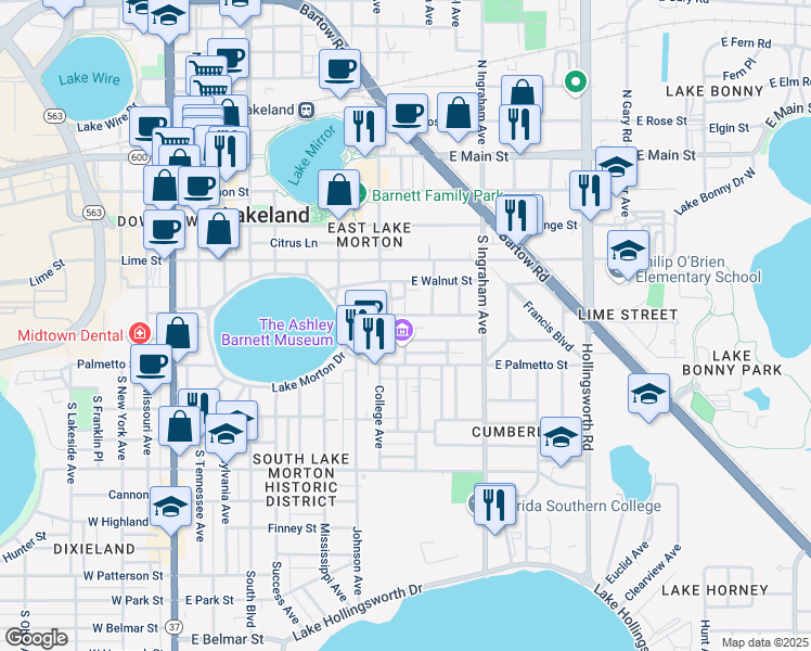 map of restaurants, bars, coffee shops, grocery stores, and more near 616 Michigan Avenue in Lakeland
