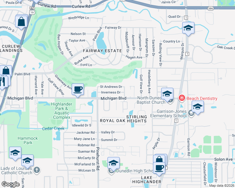 map of restaurants, bars, coffee shops, grocery stores, and more near 1277 Inverness Drive in Dunedin