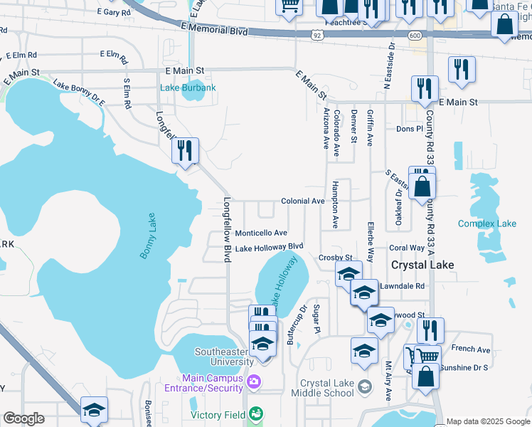 map of restaurants, bars, coffee shops, grocery stores, and more near 538 Norfolk Circle in Lakeland