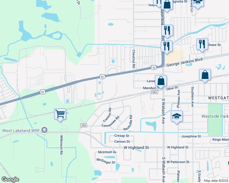 map of restaurants, bars, coffee shops, grocery stores, and more near 301 Edwards Avenue in Lakeland