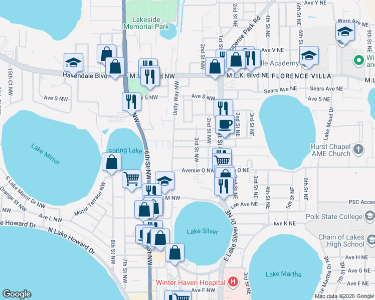 map of restaurants, bars, coffee shops, grocery stores, and more near 1605 3rd Street Northwest in Winter Haven