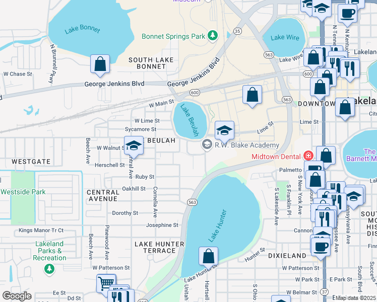 map of restaurants, bars, coffee shops, grocery stores, and more near in Lakeland