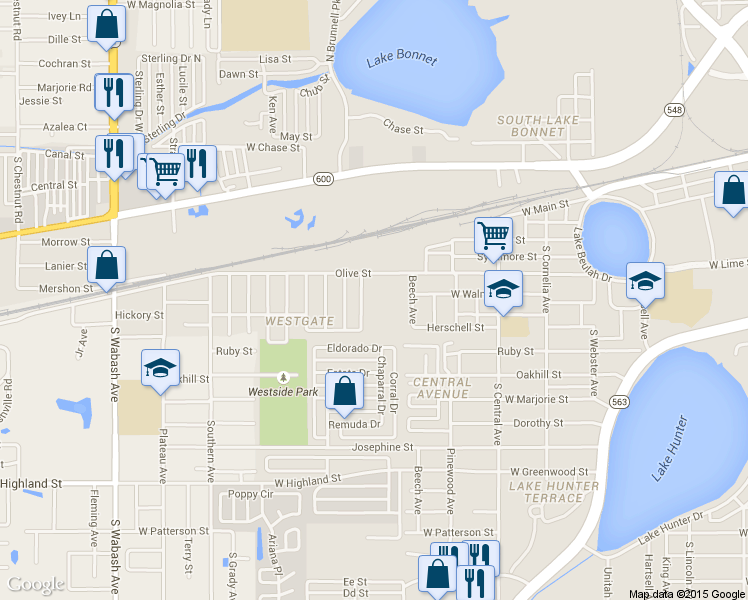map of restaurants, bars, coffee shops, grocery stores, and more near 521 Oregon Avenue in Lakeland