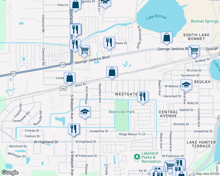 map of restaurants, bars, coffee shops, grocery stores, and more near 1815 West Hickory Street in Lakeland