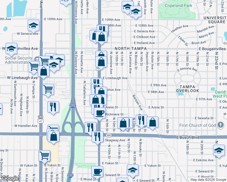 map of restaurants, bars, coffee shops, grocery stores, and more near 9632 North 10th Street in Tampa