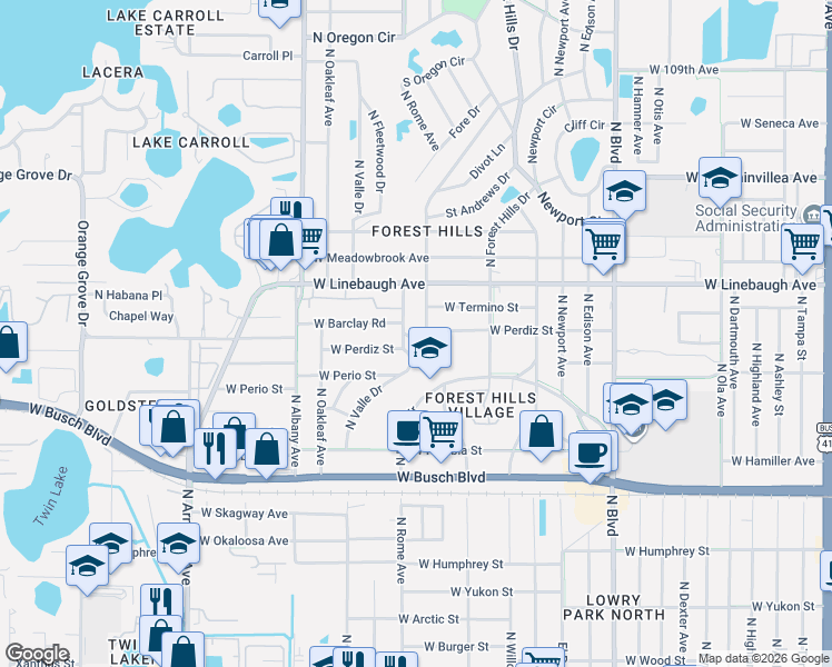map of restaurants, bars, coffee shops, grocery stores, and more near 1701 West Perdiz Street in Tampa