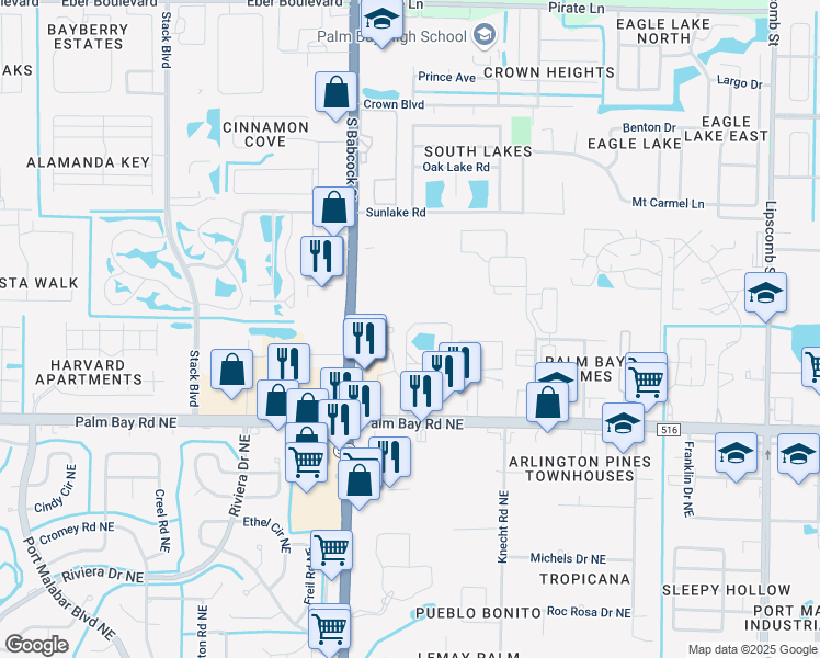 map of restaurants, bars, coffee shops, grocery stores, and more near 1725 Monterey Drive Northeast in Palm Bay