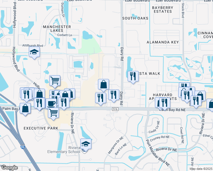 map of restaurants, bars, coffee shops, grocery stores, and more near 1020 Venetian Drive in Melbourne