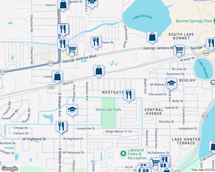 map of restaurants, bars, coffee shops, grocery stores, and more near 505 Choctaw Avenue in Lakeland