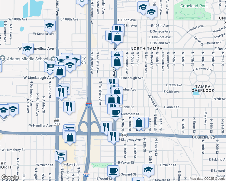 map of restaurants, bars, coffee shops, grocery stores, and more near 814 East Castle North Court in Tampa